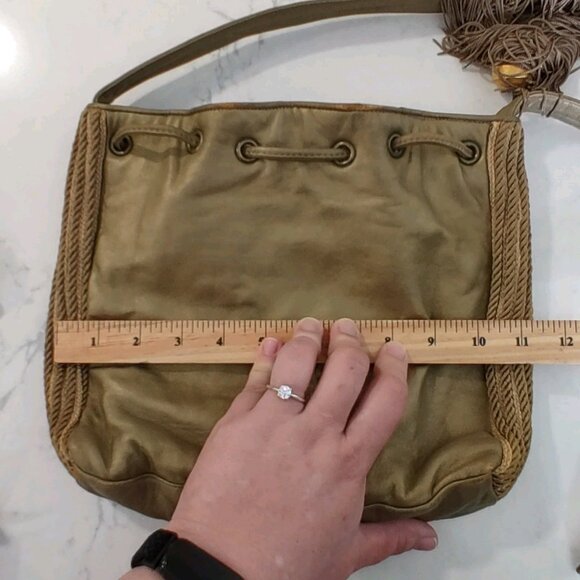 VNTG Sharif Rope Detailed Gold Leather Bucket Crossbody Bag Tasseled Medium - Picture 12 of 15